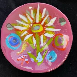 "Flowering On Fuscia “Contemporary Fused Art Glass  Pink Handmade 9”x 3” Bowl